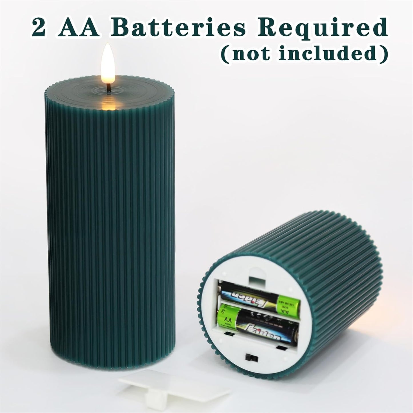 Ribbed Flameless Pillar Candles / Green / Set of 2