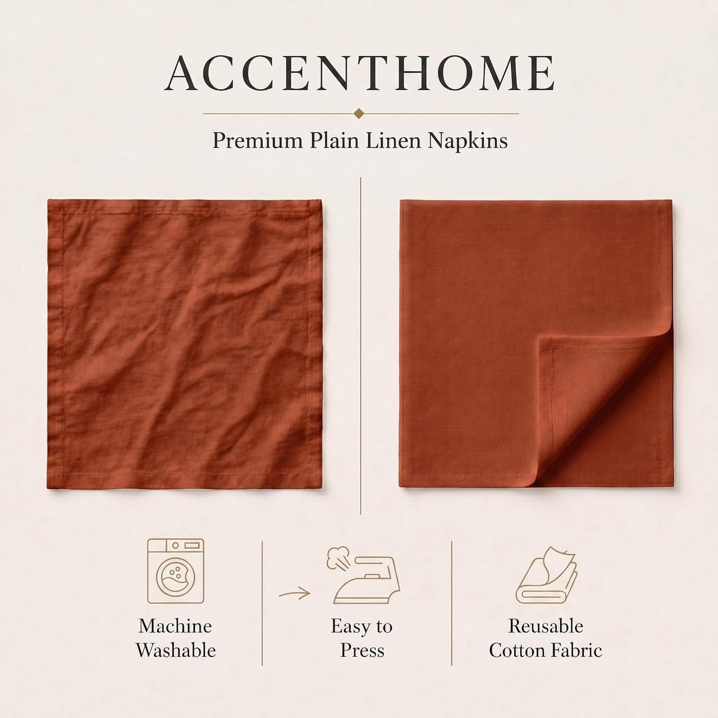 ACCENTHOME Rust Cotton Linen Napkin Set of 12 18x18 inch Dinner Napkins | Cotton Linen Blend Napkins, Machine Wash On