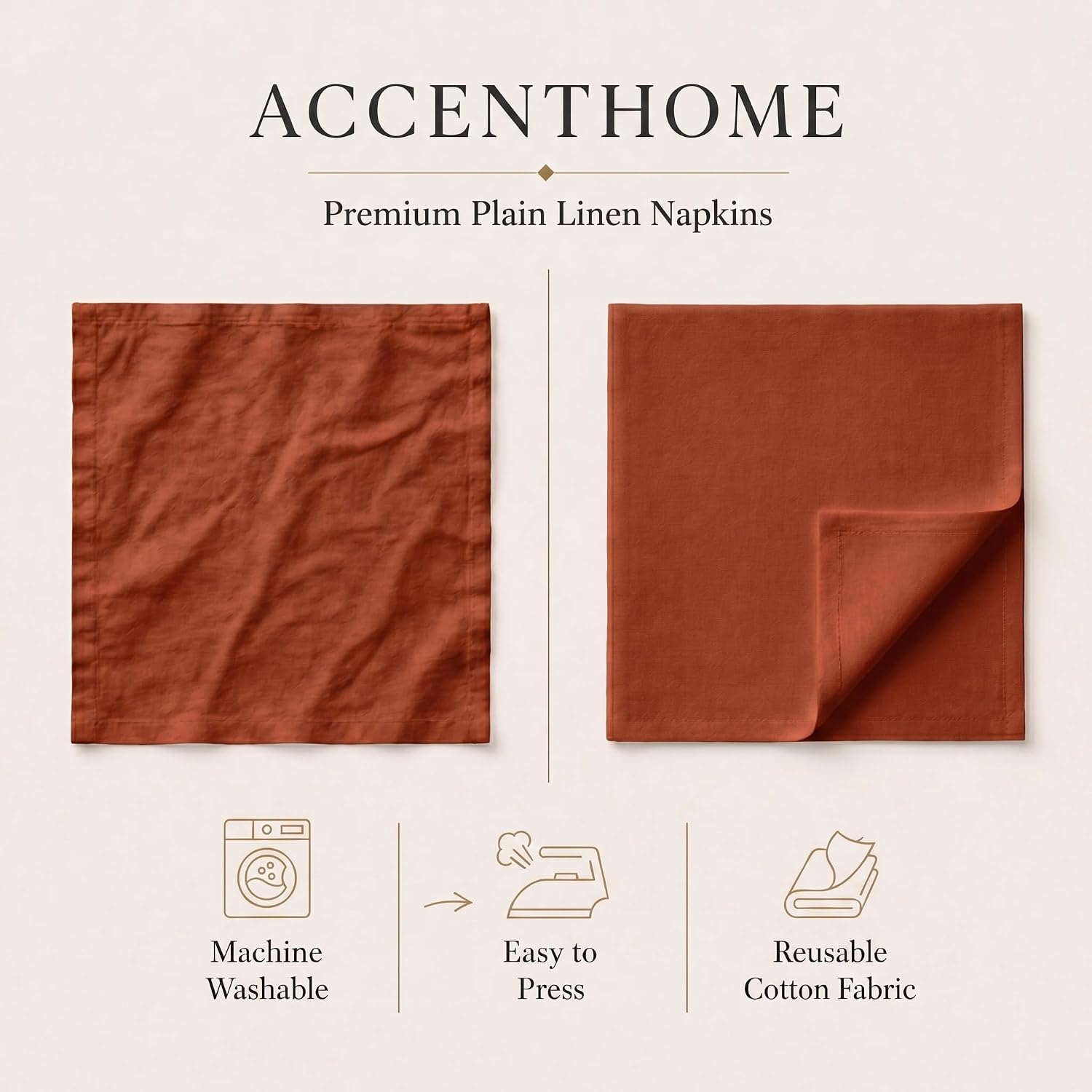 ACCENTHOME Rust Cotton Linen Napkin Set of 12 18x18 inch Dinner Napkins | Cotton Linen Blend Napkins, Machine Wash On