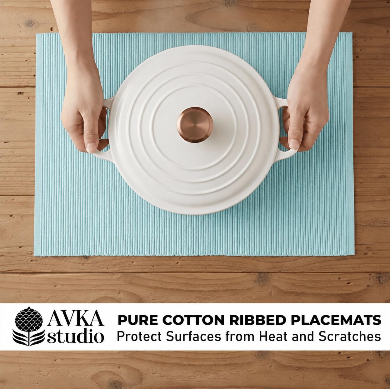 100% Cotton Ribbed Placemats - Set of 4-13 x 19 Inches - Light Blue - Everyday Cloth Table Mats - Thick Construction