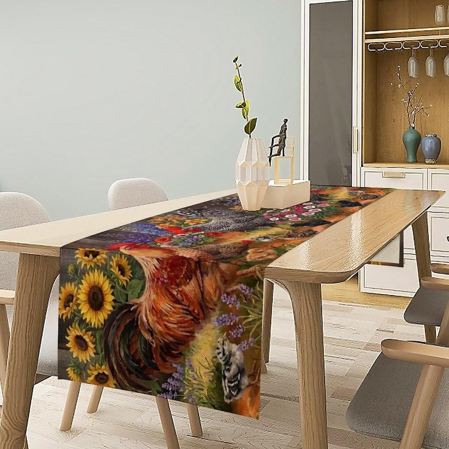 Rooster Table Runner Farm Watercolor Painting Sunflower and Chicken Pattern Printed Linen Table Runner for Home Kitchen