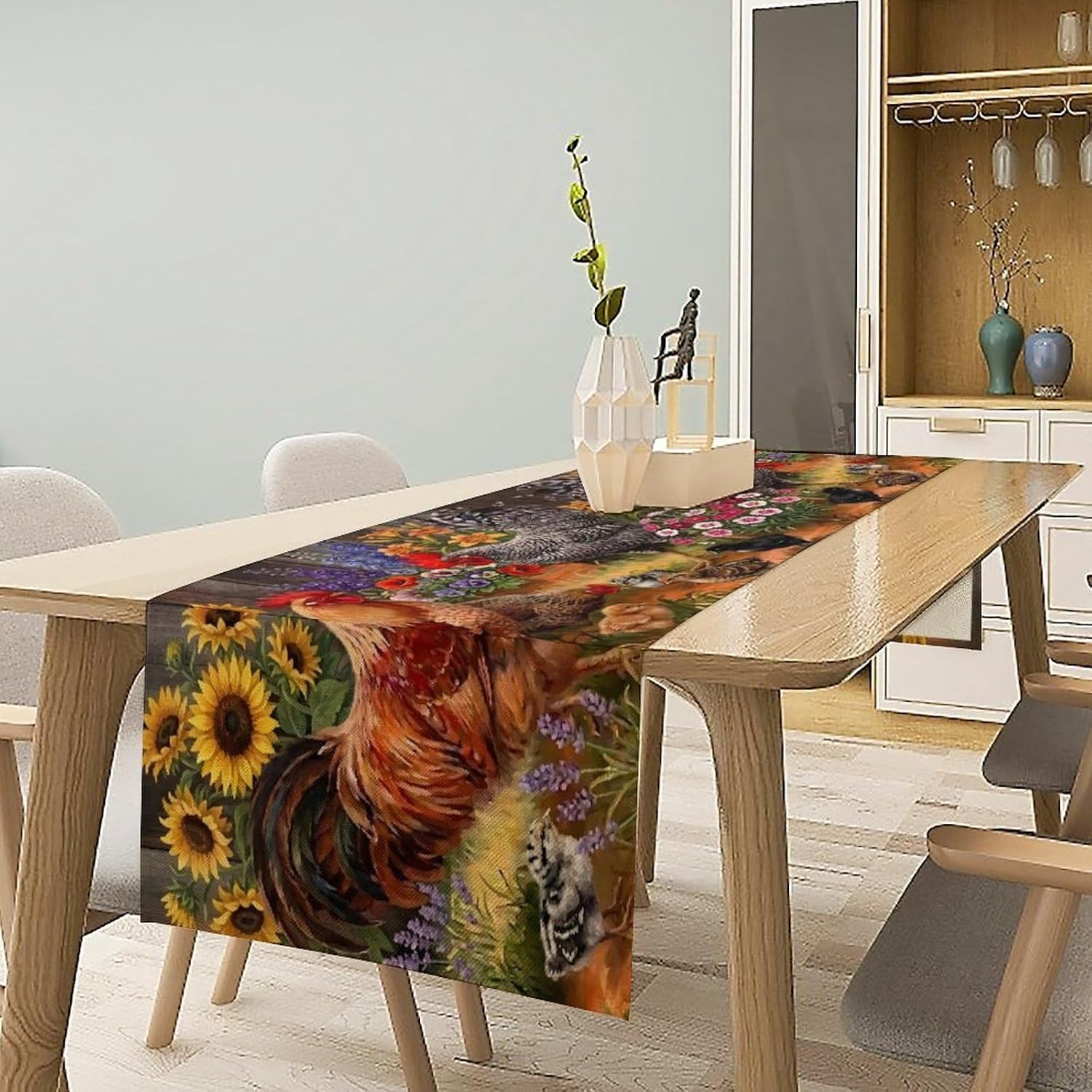 Rooster Table Runner Farm Watercolor Painting Sunflower and Chicken Pattern Printed Linen Table Runner for Home Kitchen