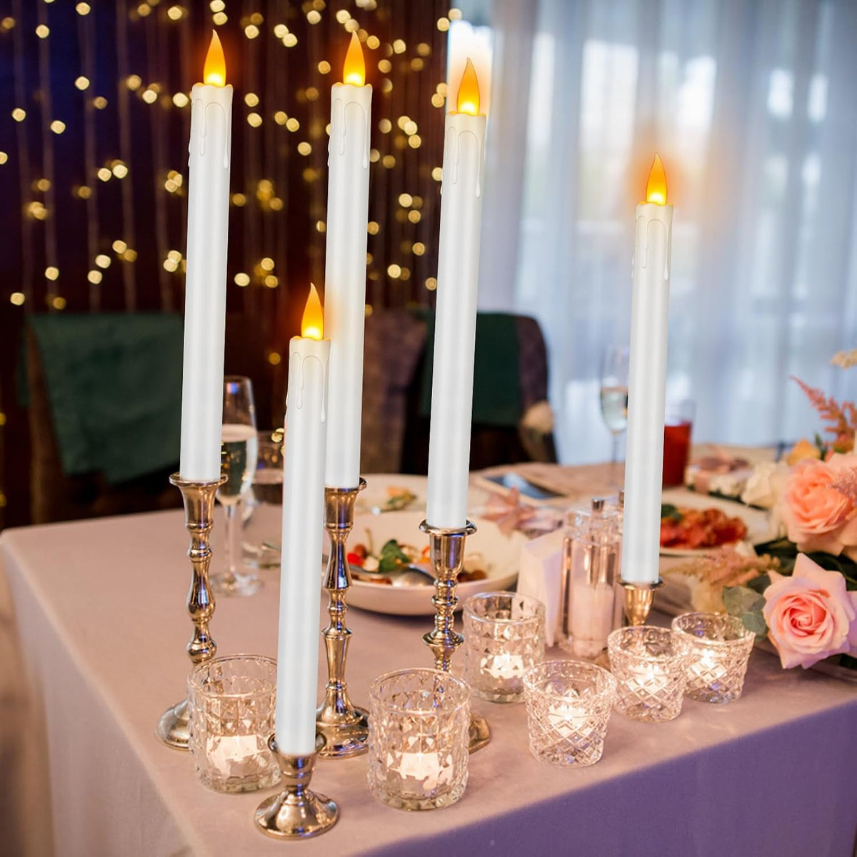 wemarry 12 Pcs Flickering Flameless Taper Candles, 10" Fake Taper Candles Battery Operated with Timer, Long