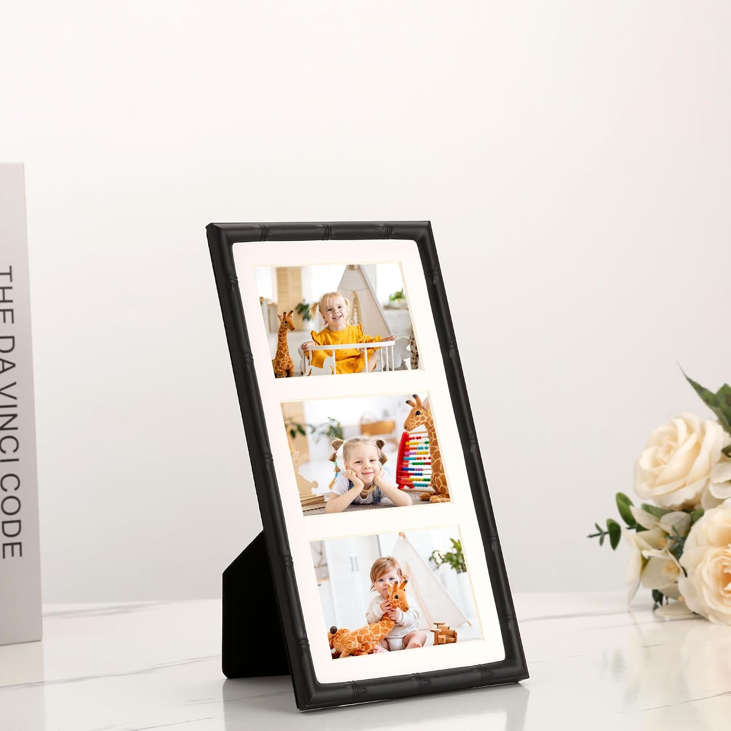 3-2x3'' Black Multi Metal Picture Frames,3 section frames 2pack, Elegant Bamboo Detail Designs Plated Photo Frames