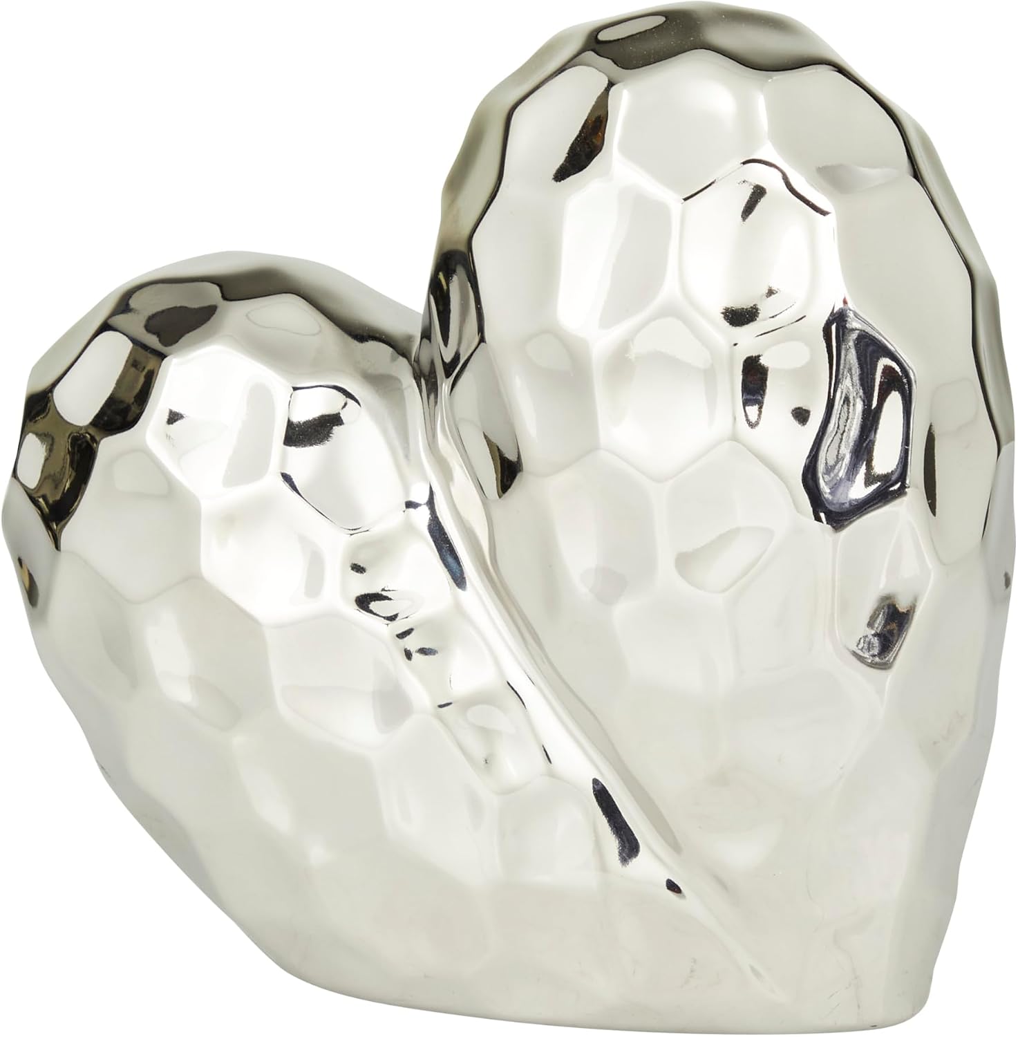 Porcelain Ceramic Heart Decorative Sculpture Dimensional Angled Origami / Silver / 8 x 3 x 8