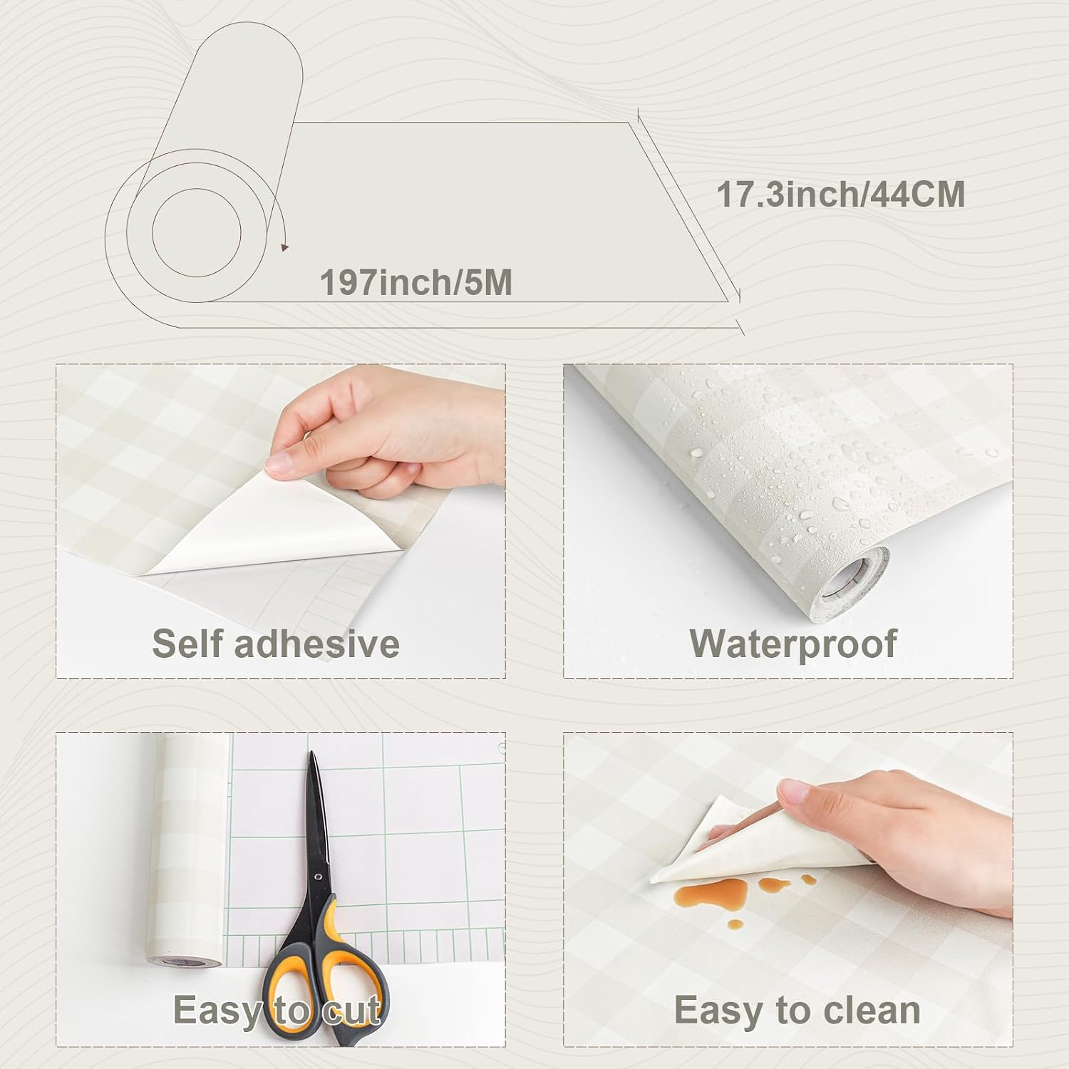 Plaid Peel and Stick Wallpaper Boho Plaid Contact Paper for Cabinets 17.3inW / Neutral / 17.7 x 197