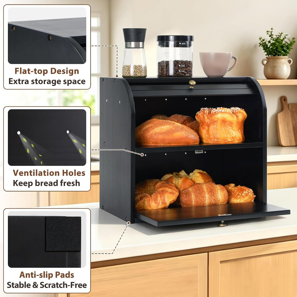 Sunhoo Wooden Bread Box for Kitchen Countertop, Roll Top Breadbox, Black | Large Double Layer Pantry Container, Solid