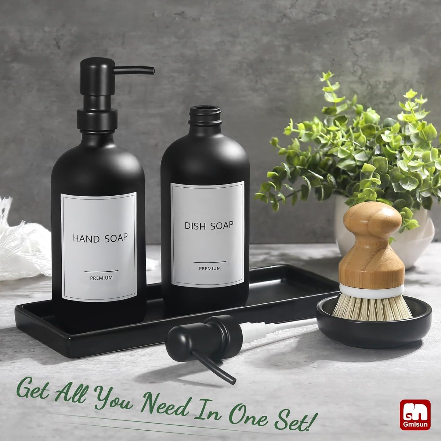 GMISUN Kitchen Soap Dispenser Set, 17 fl oz Dish Soap Dispenser with Ceramic Tray & Bamboo Brush for Kitchen, 2Pcs