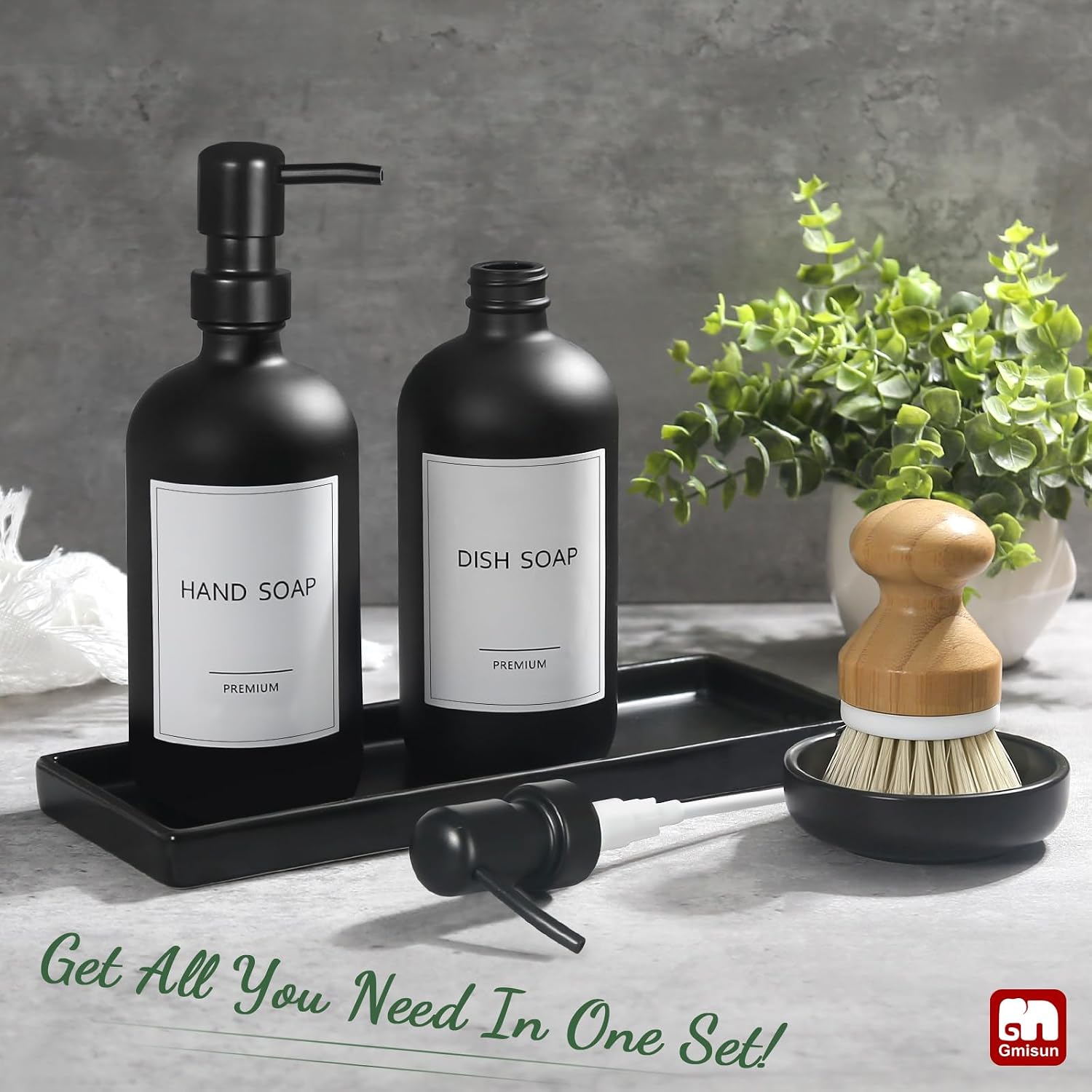 GMISUN Kitchen Soap Dispenser Set, 17 fl oz Dish Soap Dispenser with Ceramic Tray & Bamboo Brush for Kitchen, 2Pcs