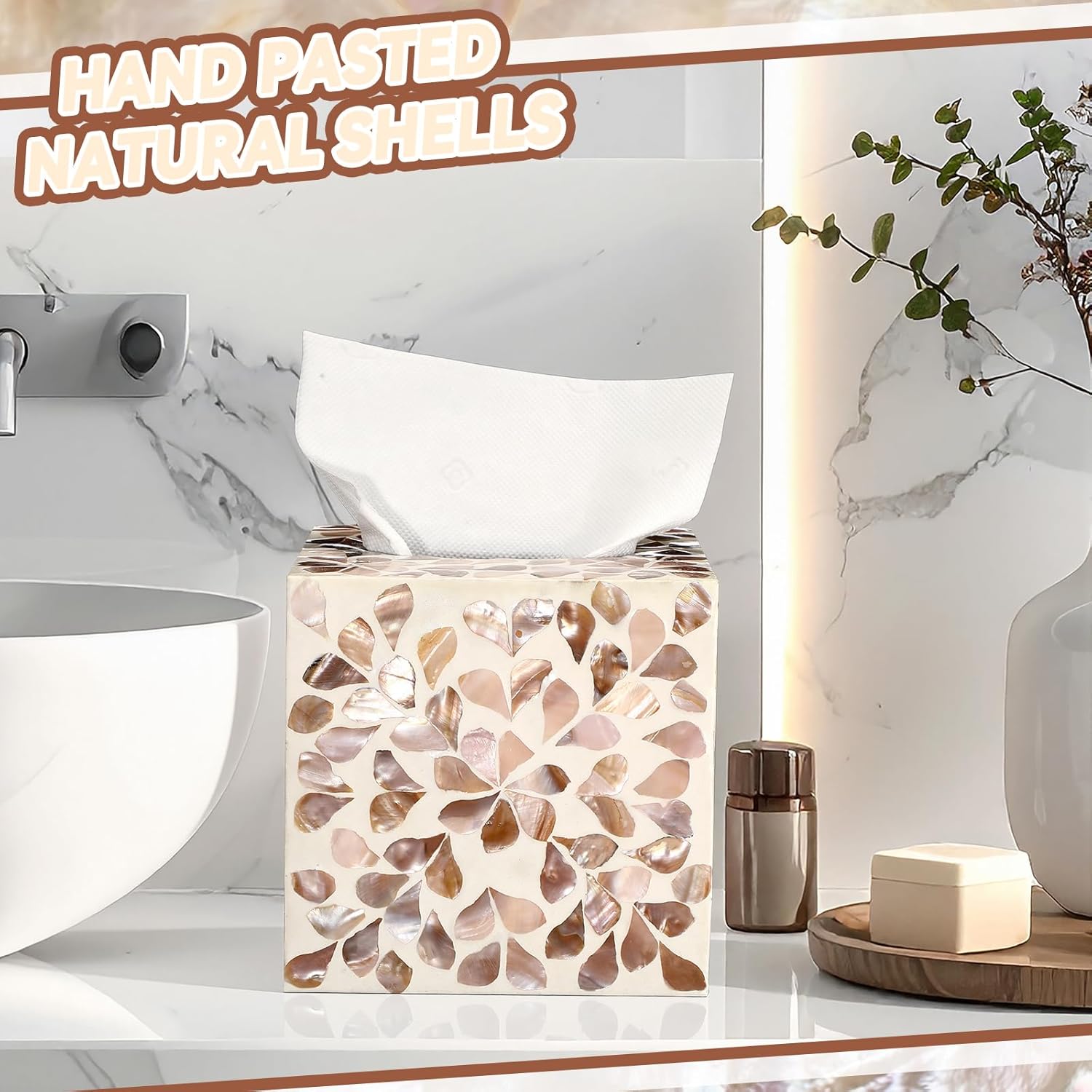 Cube Mother of Pearl Tissue Box Cover Ceramic Decorative Tissue Box Holder / Brown Floral / 5.9 Inch