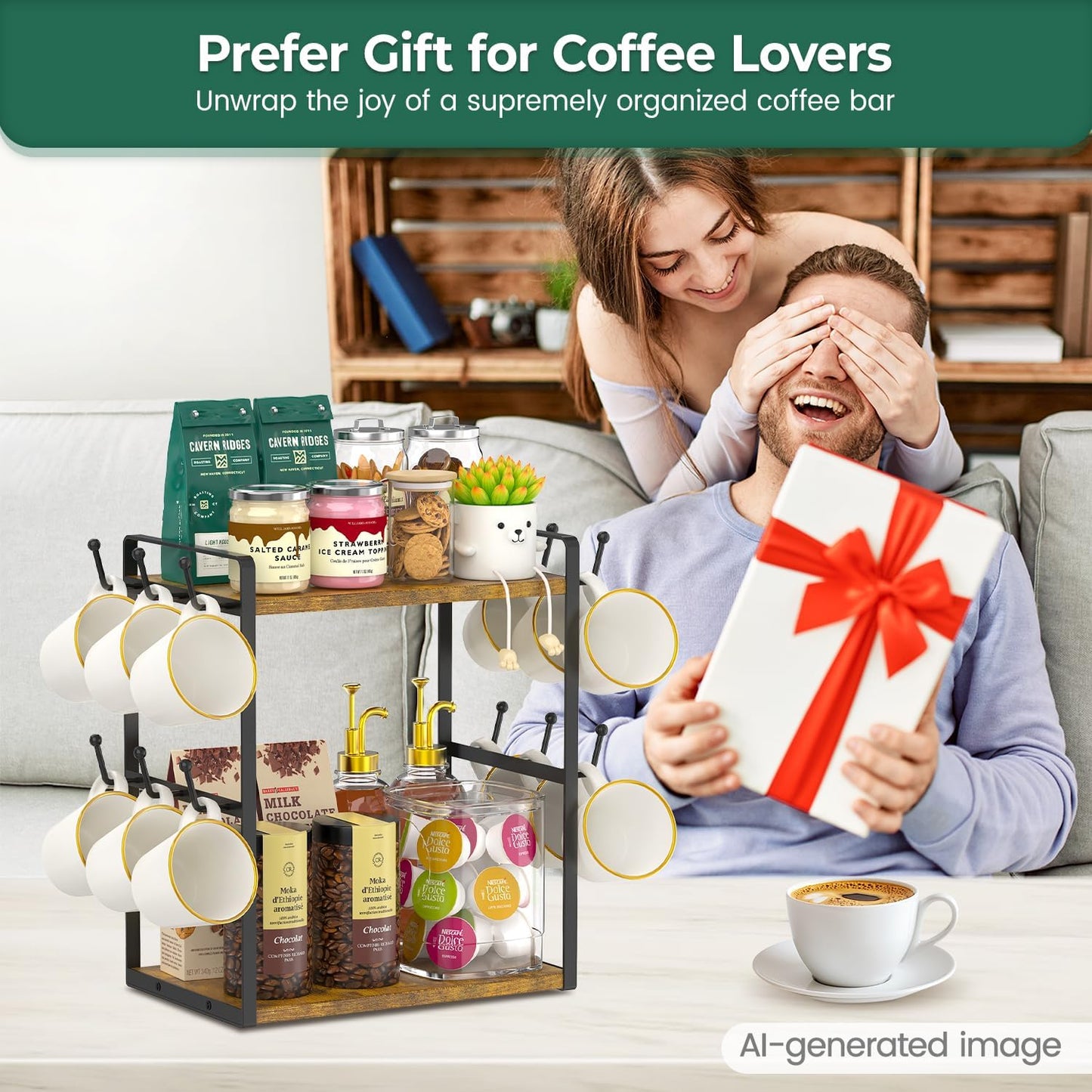 EsLuker.ly Coffee Station Bar Organizer Mug Holder Stand Countertop | 2 Tier Mug Cup Tree Rack for Kitchen Office