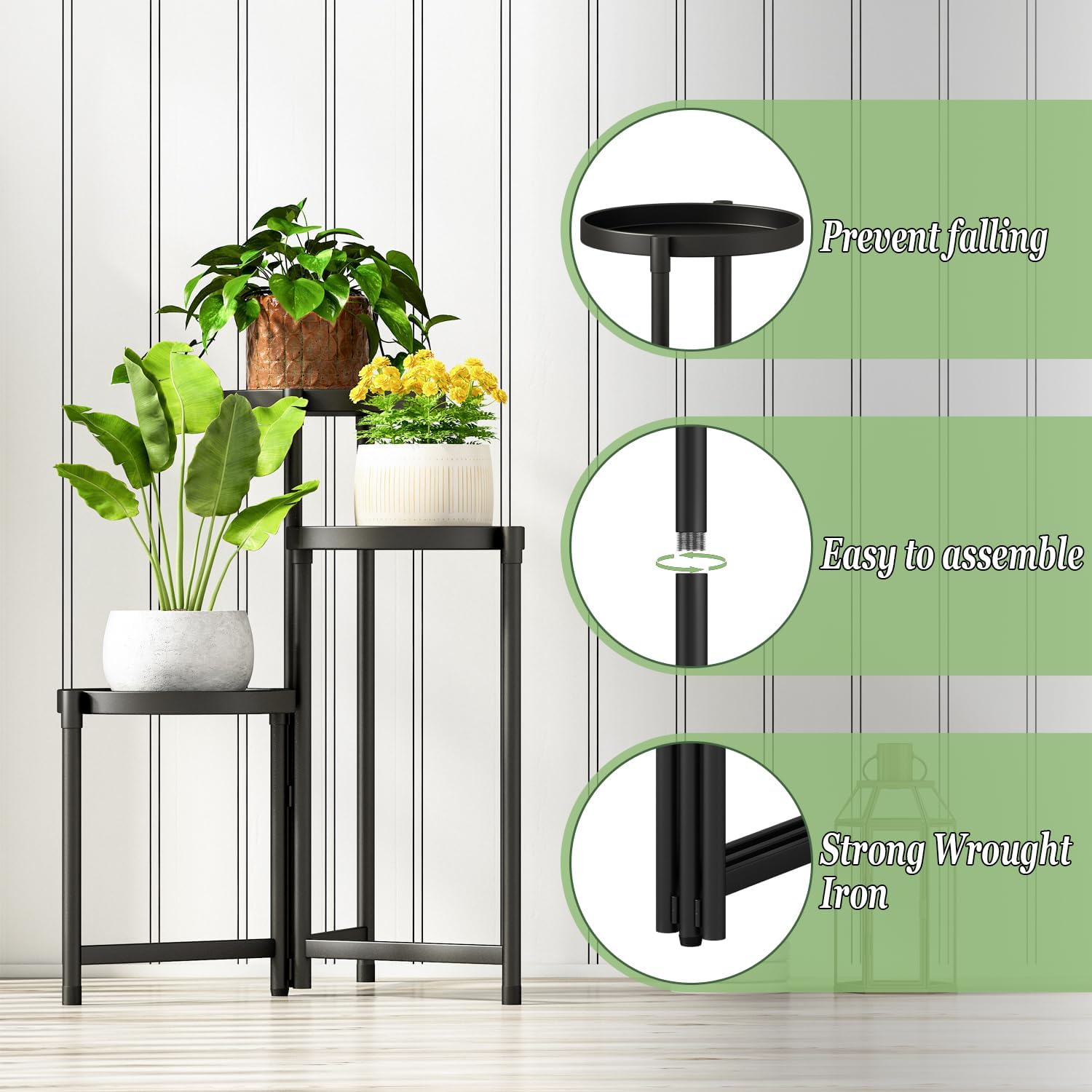 Plant Stand indoor outdoor-3 Tier black Tall Metal Flower Pot Holder 9in Wide Potted Display Rack - Heavy Duty Corner