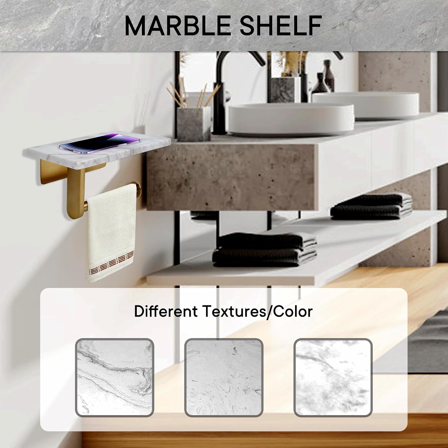 Toilet Paper Holder with Natural Marble Shelf for Bathroom Washroom,Wall Mounted Tissue Holder Suitable for Mega Roll
