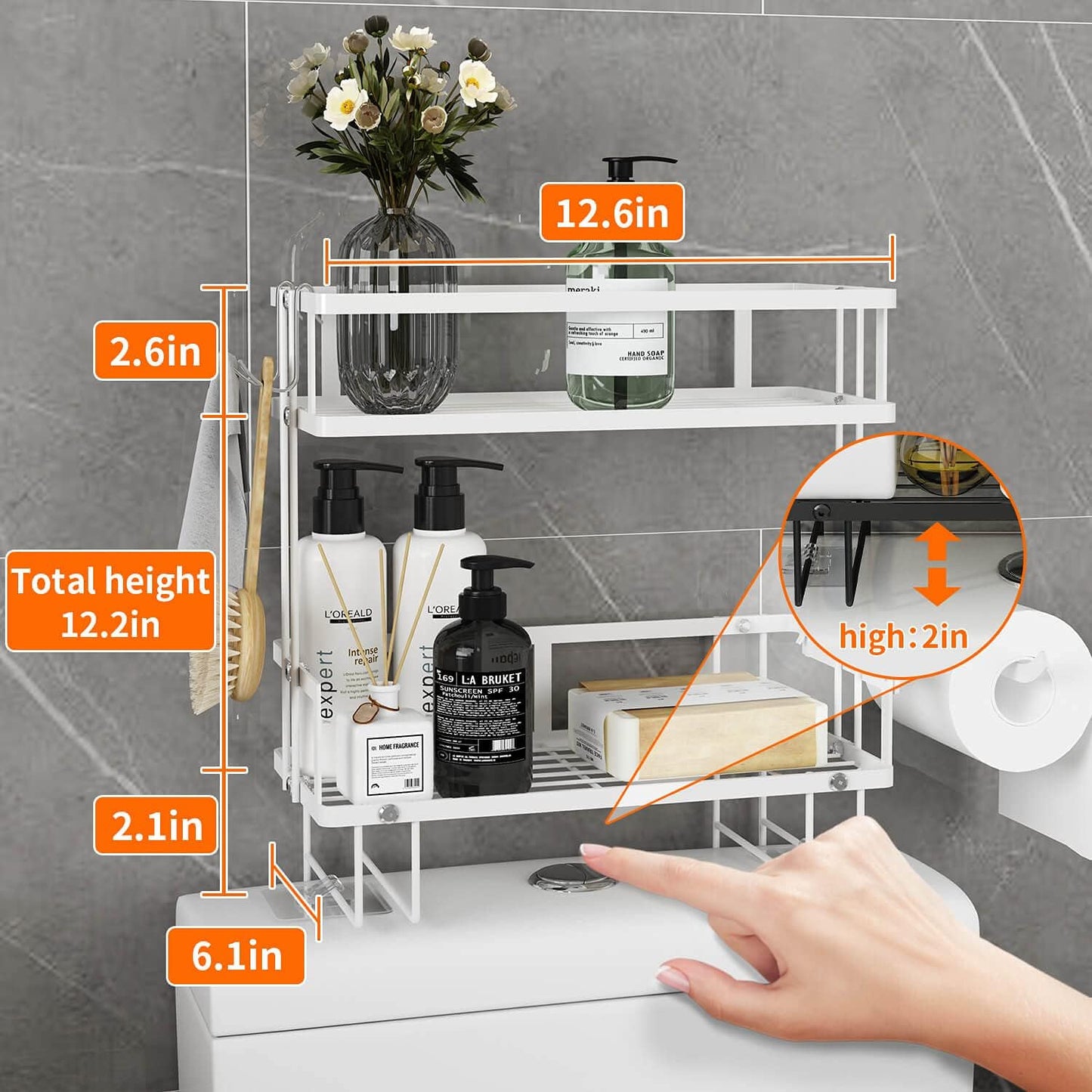 2-Tier Over Toilet Storage Shelf, Wall-Mount with 2 Hook/Paper Rack | Bathroom Organizers and Storage Cabinet