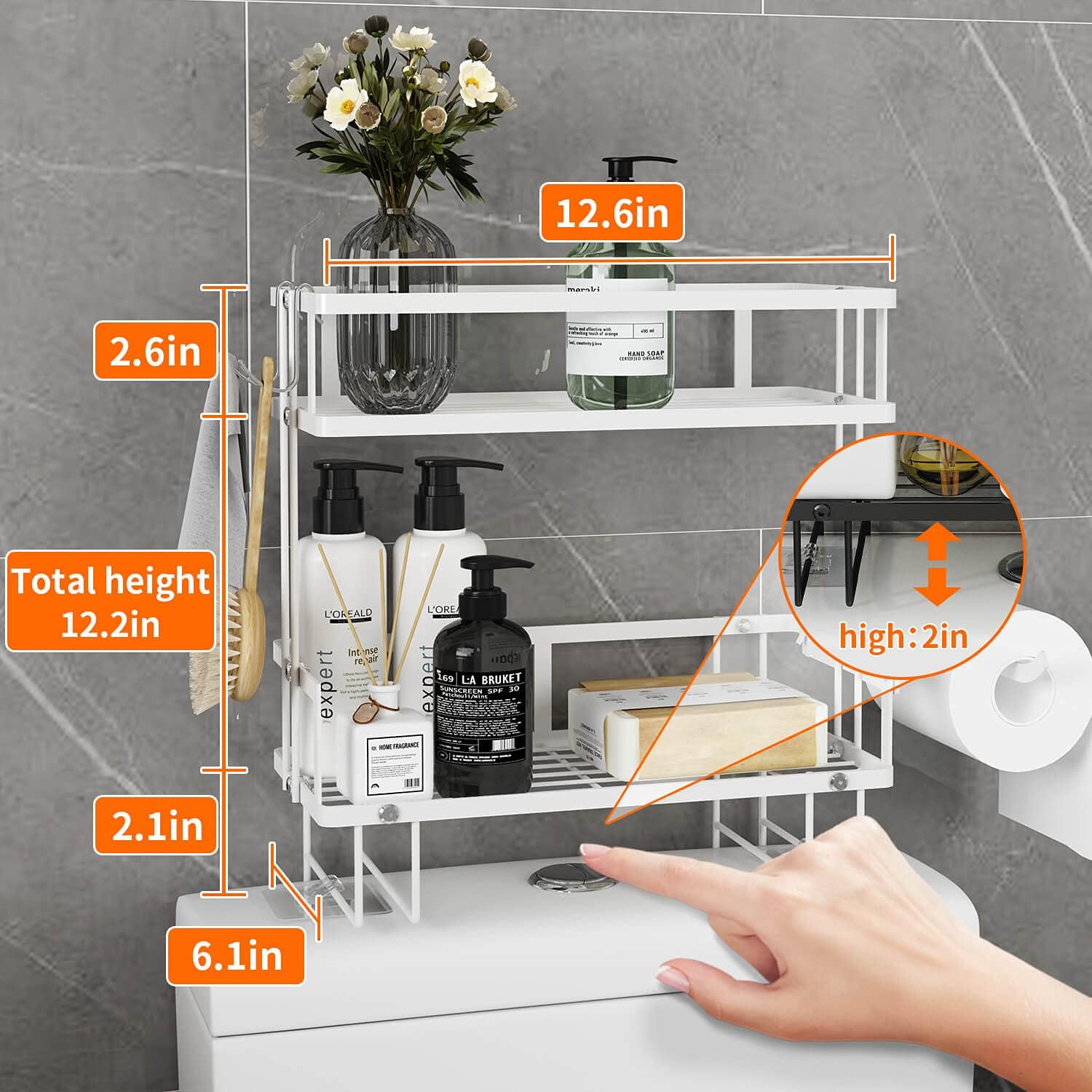2-Tier Over Toilet Storage Shelf, Wall-Mount with 2 Hook/Paper Rack | Bathroom Organizers and Storage Cabinet