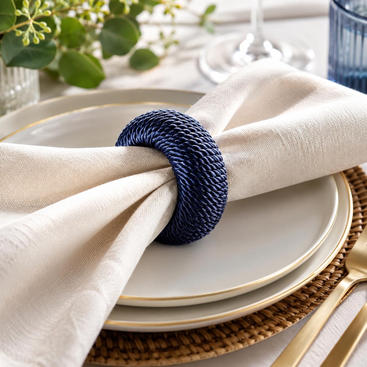 Alpha Living Home Woven Napkin Rings, Dark Blue, Set of 12 | Yarn-wrapped woven design, sturdy inner structure, fits