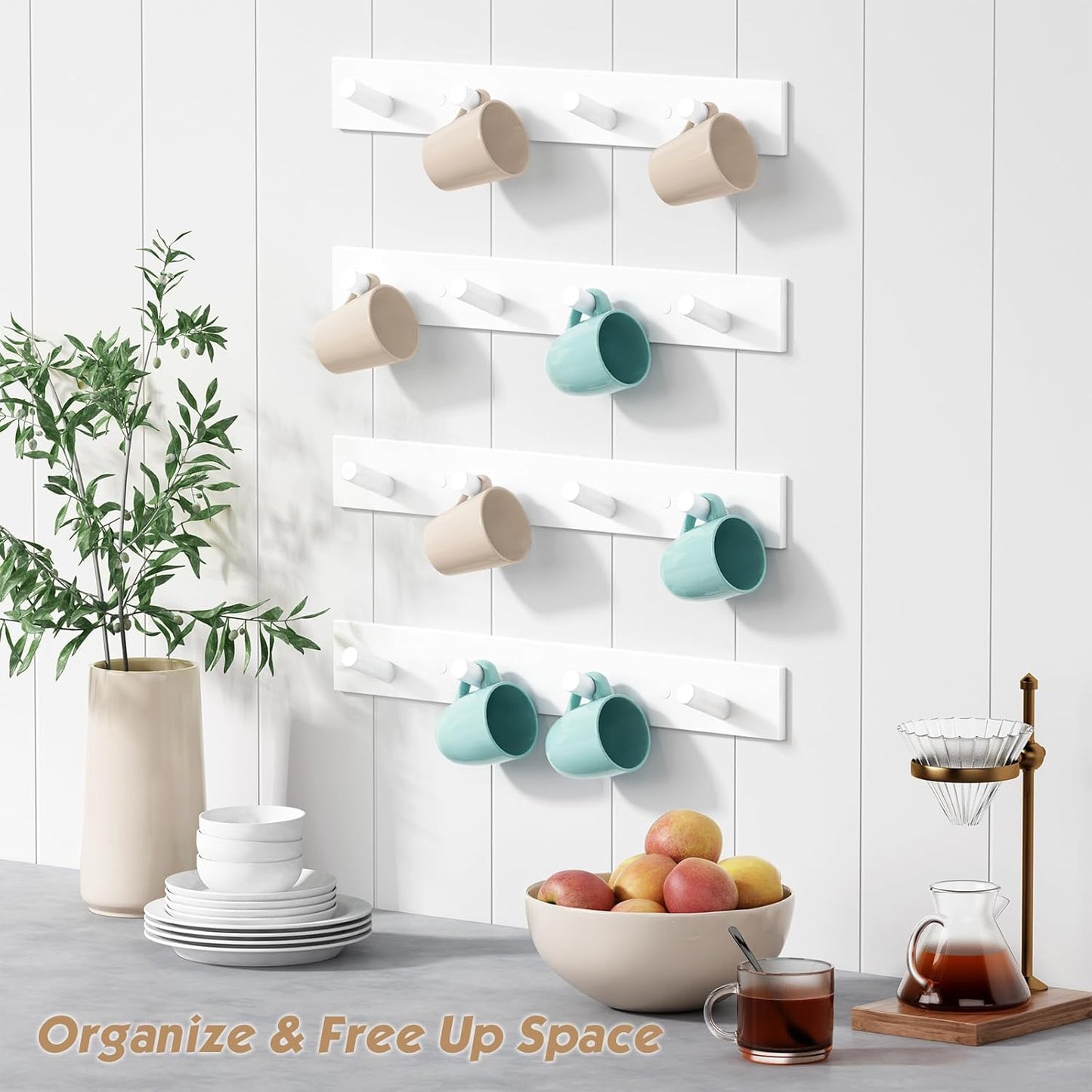 Wood Entryway Coat Rack Wall Mounted Heavy Duty / Bamboo White / 16 Inch / Set of 4