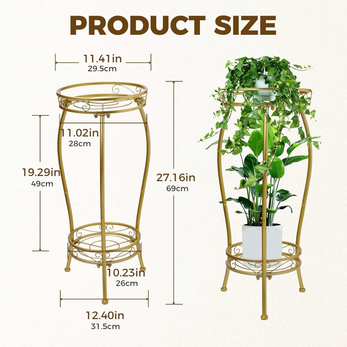 Kavlium Plant Stand Indoor Outdoor, Tall Metal, 2 Tier 27.1 Inch, Gold | Rustproof Metal, Stable 3-Leg Base, Heavy Duty