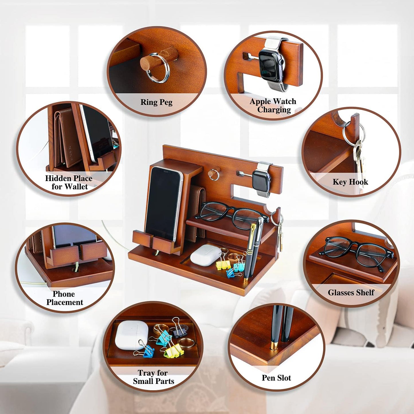 awofer Wood Phone Docking Station Nightstand Organizer for Men - Key Holder Wallet Stand iWatch Organizer Ring Hanging