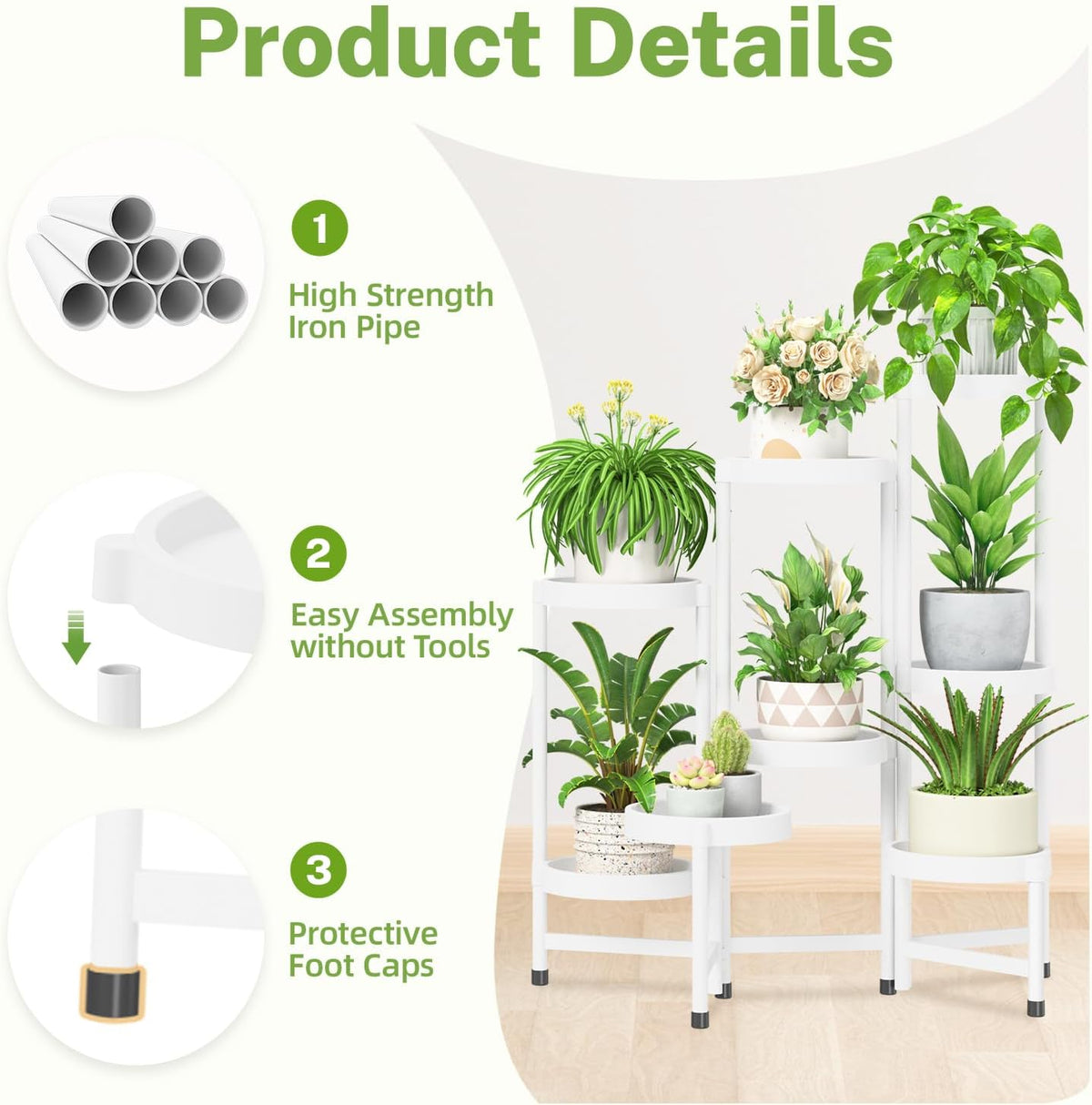 iDavosic.ly 8 Tier Folding Plant Stand Indoor Outdoor, Plastic Tray, White | Space Saving Tiered Corner Storage Display