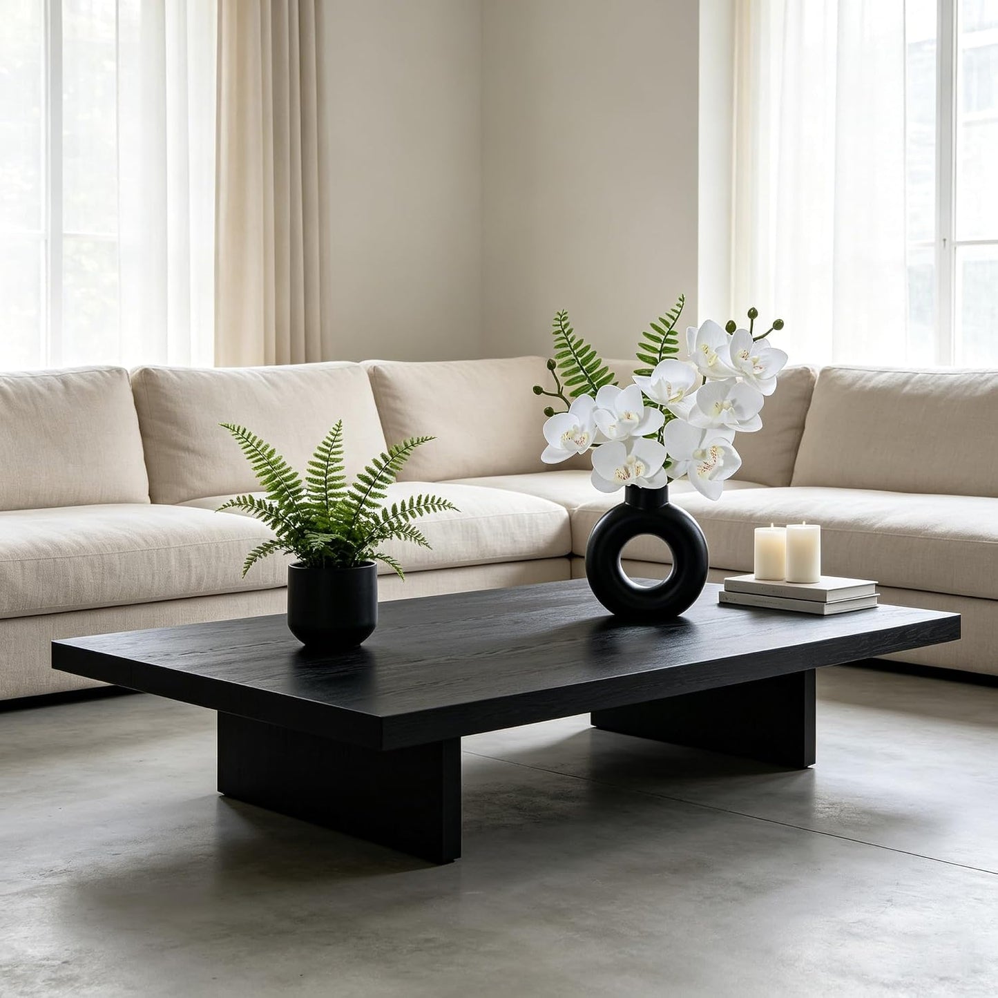 Artificial White Orchids in Black / 2pot White Orchid with Black Ceramic Vase / 10 Inch / Set of 2