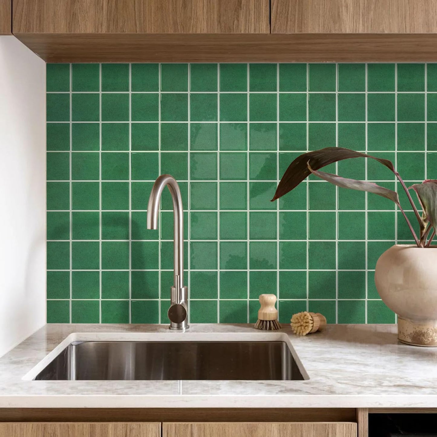 Thicker Peel and Stick Backsplash Tiles- of " -3D Adhesive Glossy / Dark Green / 12 x 12 / Set of 10