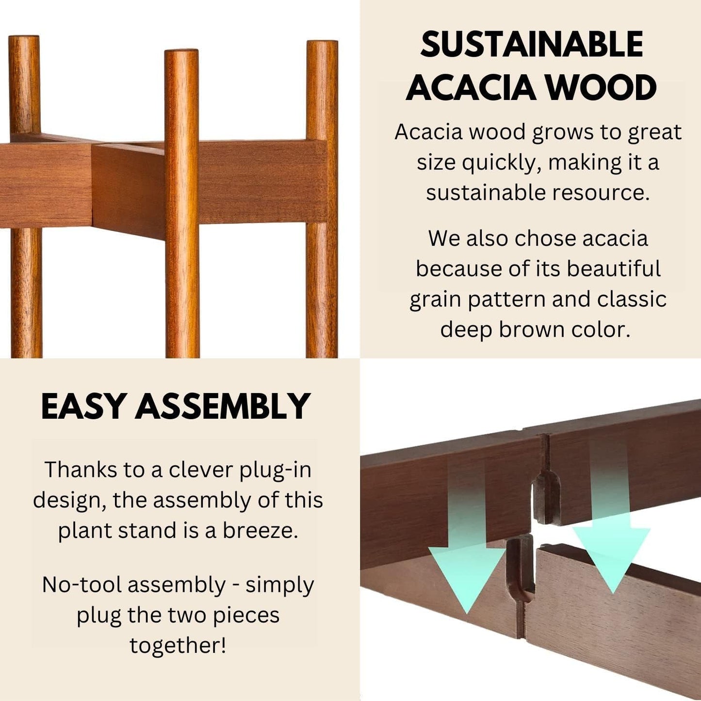 Fox & Fern Mid Century Plant Stands for Indoor Planters, Acacia, 10 Inch | Plug In Design, Holds 175 lbs, Two High