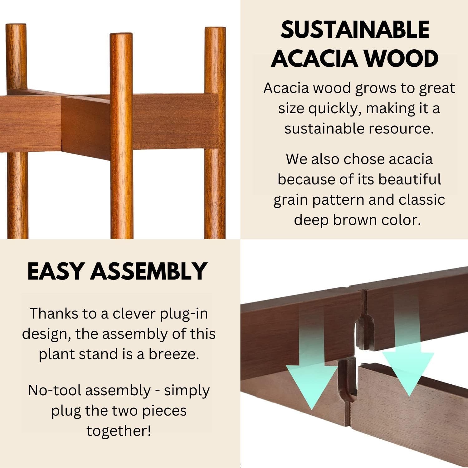 Fox & Fern Mid Century Plant Stands for Indoor Planters, Acacia, 10 Inch | Plug In Design, Holds 175 lbs, Two High