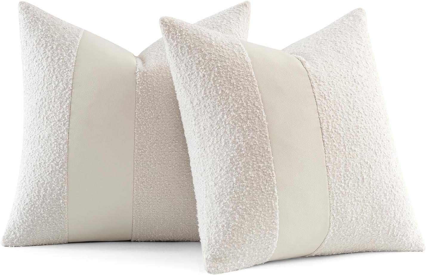 Boucle Throw Pillow Covers Faux Leather Textured Decorative Pillow / 18 x 18 / White / Set of 2