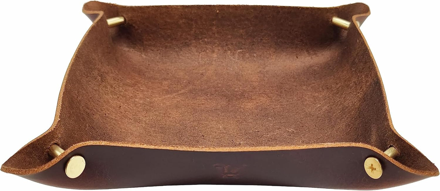 Leather Valet Tray Entryway Catchcall Tray Nightstand Organizer / Antique Brown-oil Wax Leather