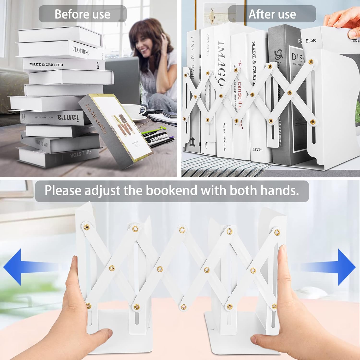 Metal Bookends / Non Skid Book Ends to Hold Books / White