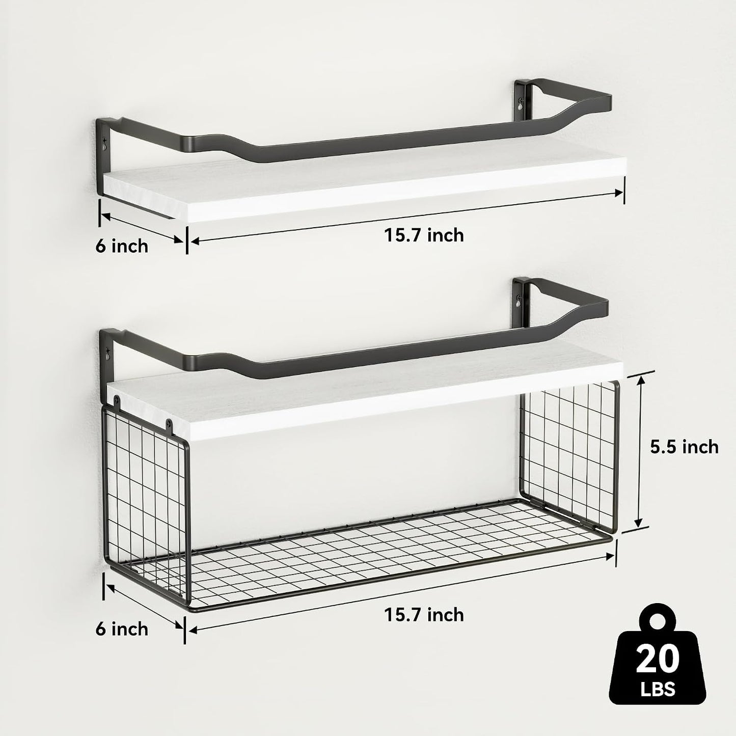 Bathroom Shelves Over Toilet with Protective Metal Guardrail | Floating Shelves with Wire Storage Basket, Wood Wall