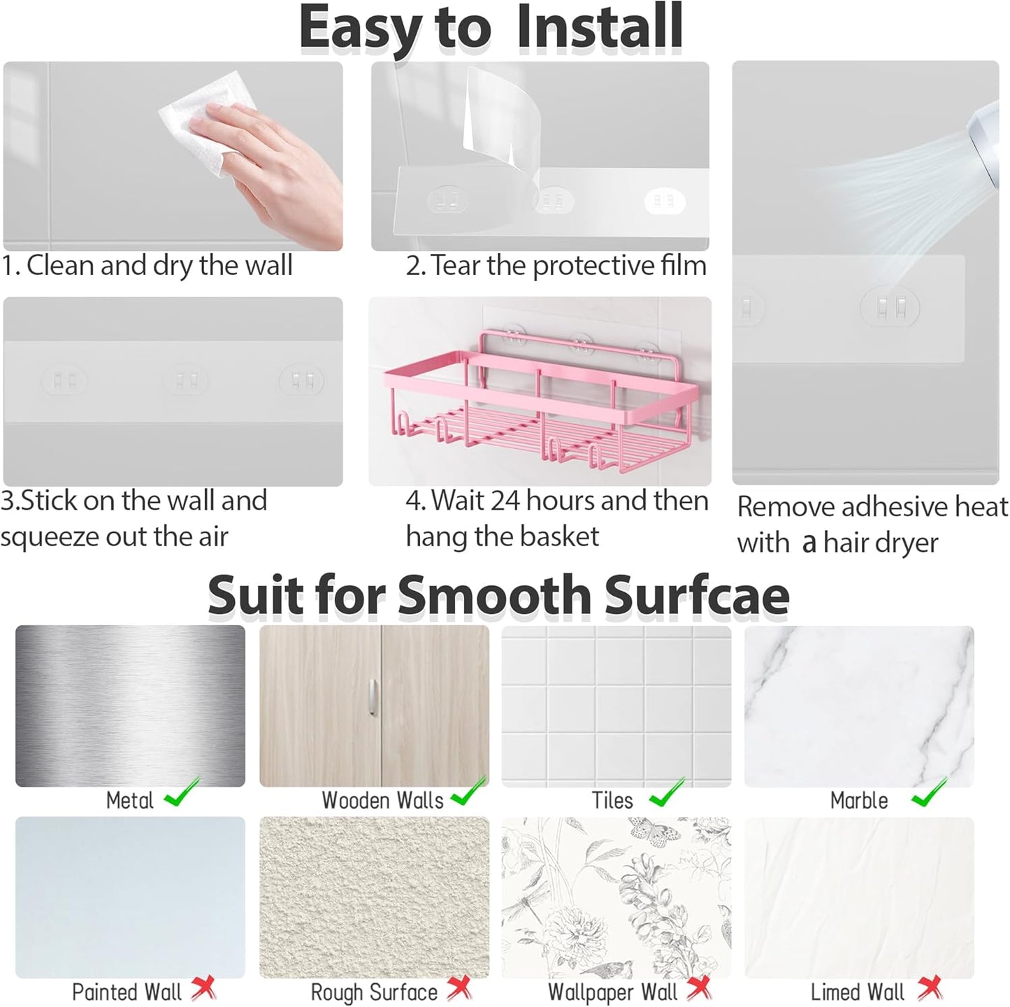 Adhesive Bathroom Wall Storage Basket Rustproof / Pink / Set of 5
