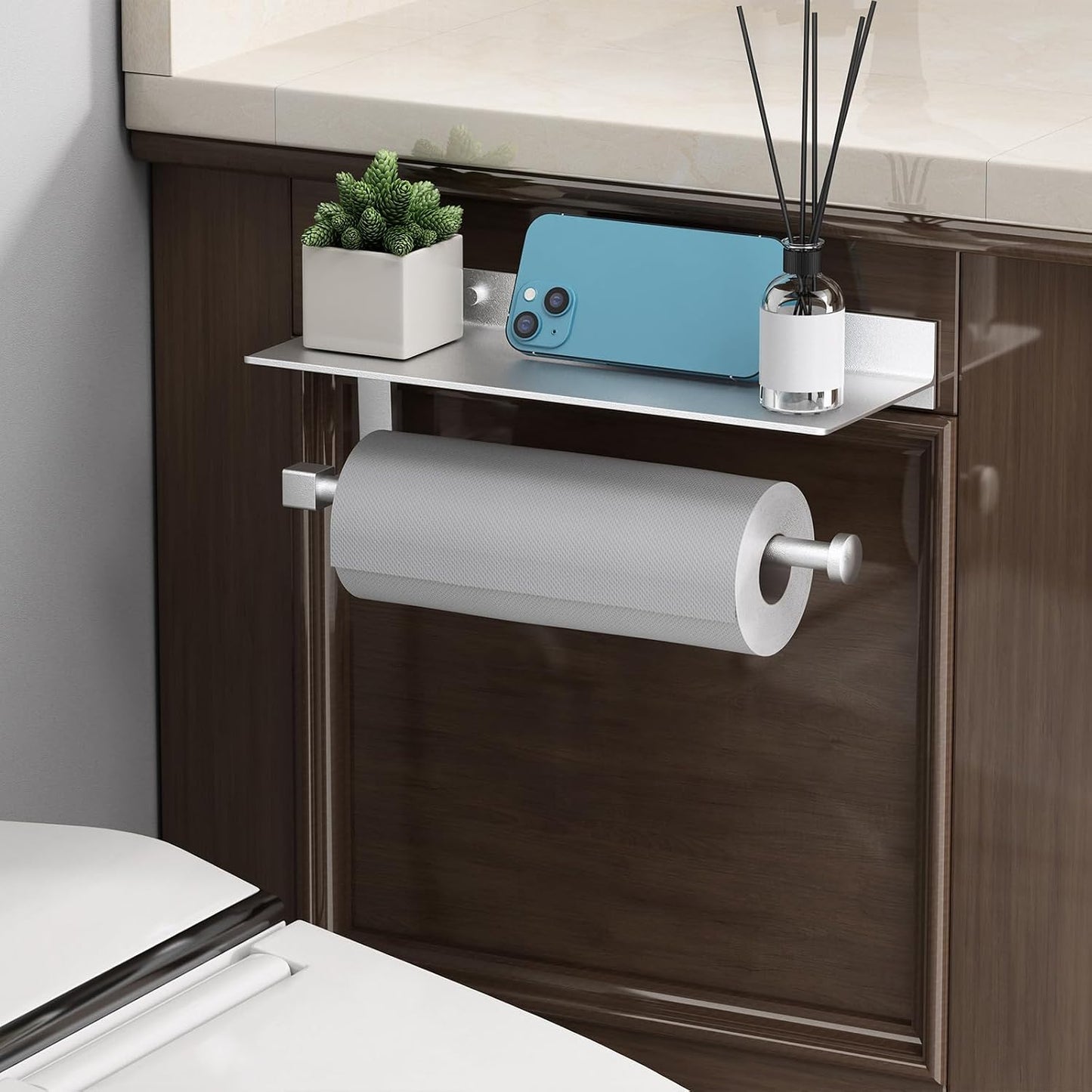 Wall Mount Paper Towel Holder with Shelf for Bathroom/Kitchen, Adhesive Hand Towel Holder, Matte Silver