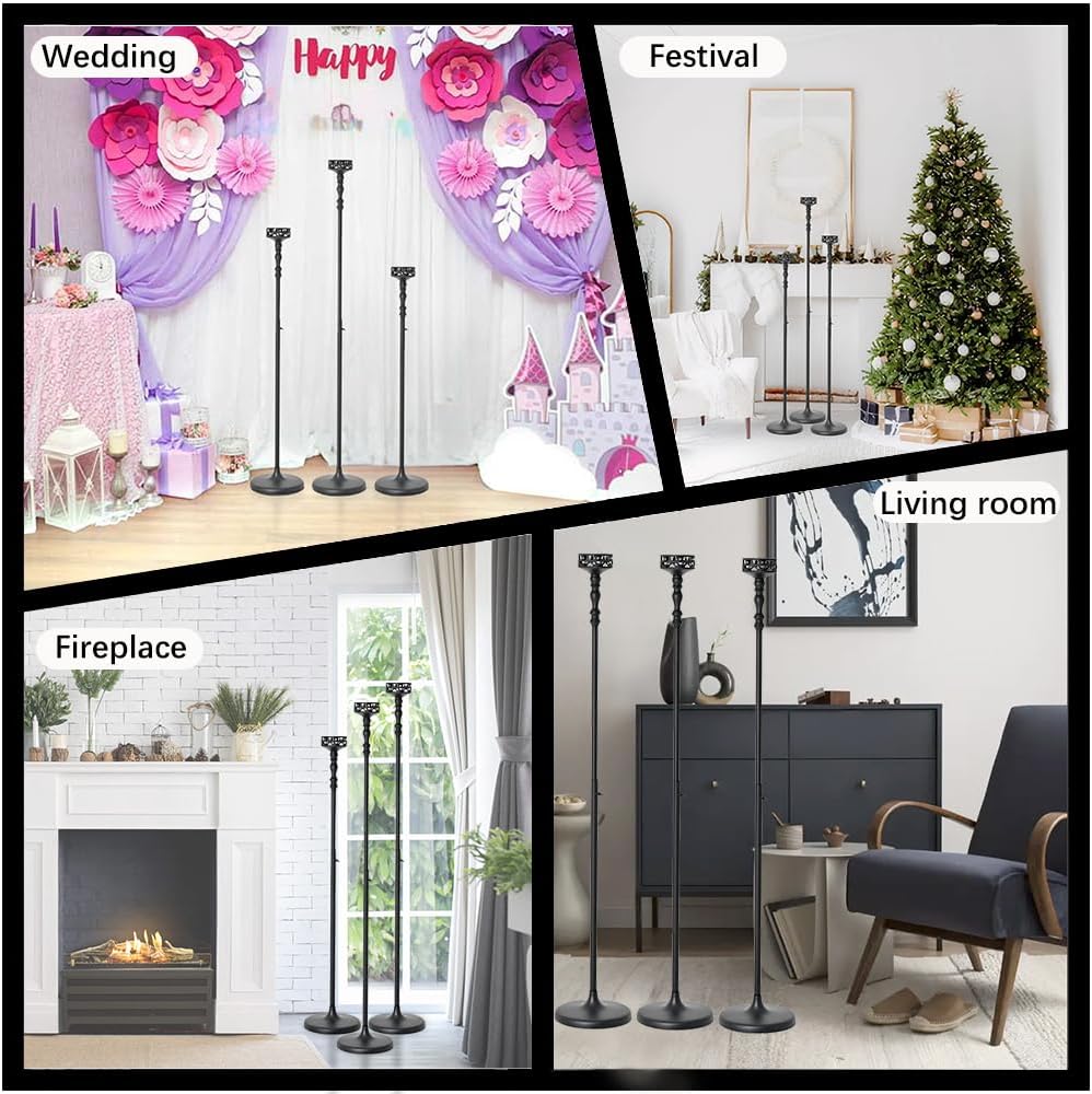3Pcs Matte Black Floor Candle Holders Centerpieces for Pillar Candles | Adjustable Height,Halloween Metal Candlestick
