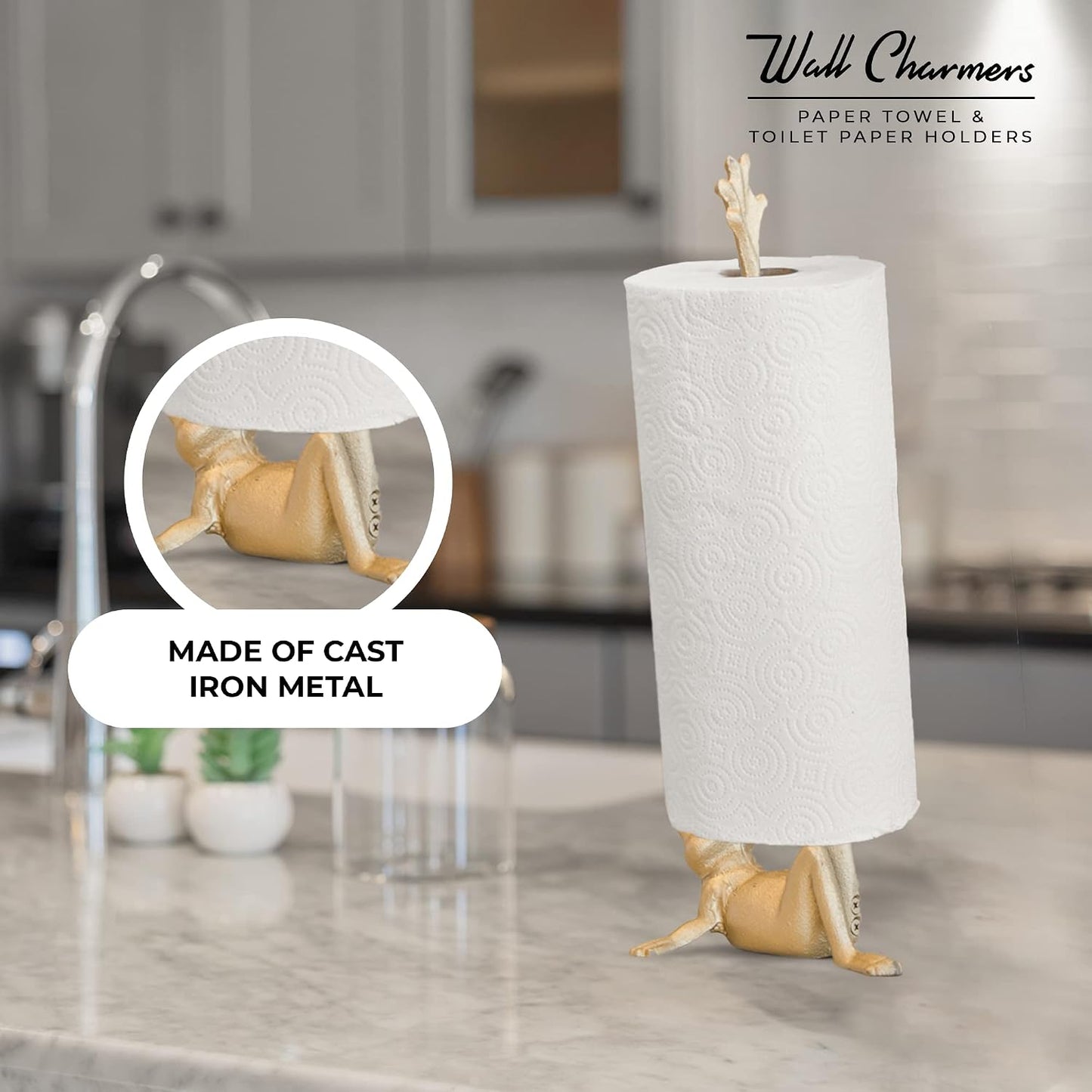 Gold Paper Towel Holder, Metal Toilet or Kitchen Paper Holder for Floor or Countertop, Gold Frog | 16.5 inch tall gold