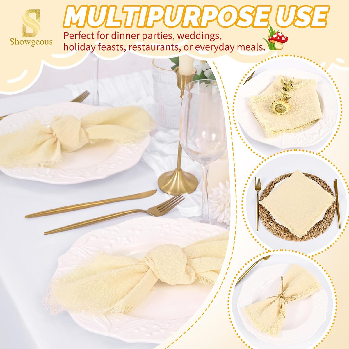 Showgeous 60 Pack Beige Cloth Napkins with Fringe, 16x16 inch 100% Cotton | Beige Napkins Handmade Dinner Napkins Bulk