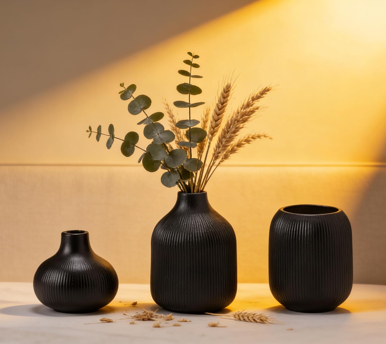 Black Ceramic Vase Set 3 Modern Style Decor Farmhouse Home Living Room Dining Table Room / 15 Black