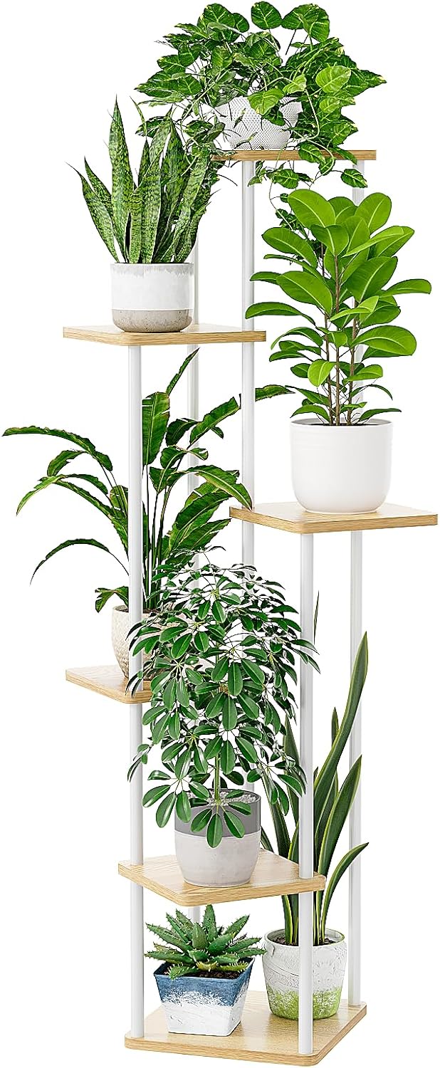 Bamworld White Plant Stand Indoor Tall Metal Wood Plant Shelf | 6 Tier Flower Stand for Patio Garden Balcony Living