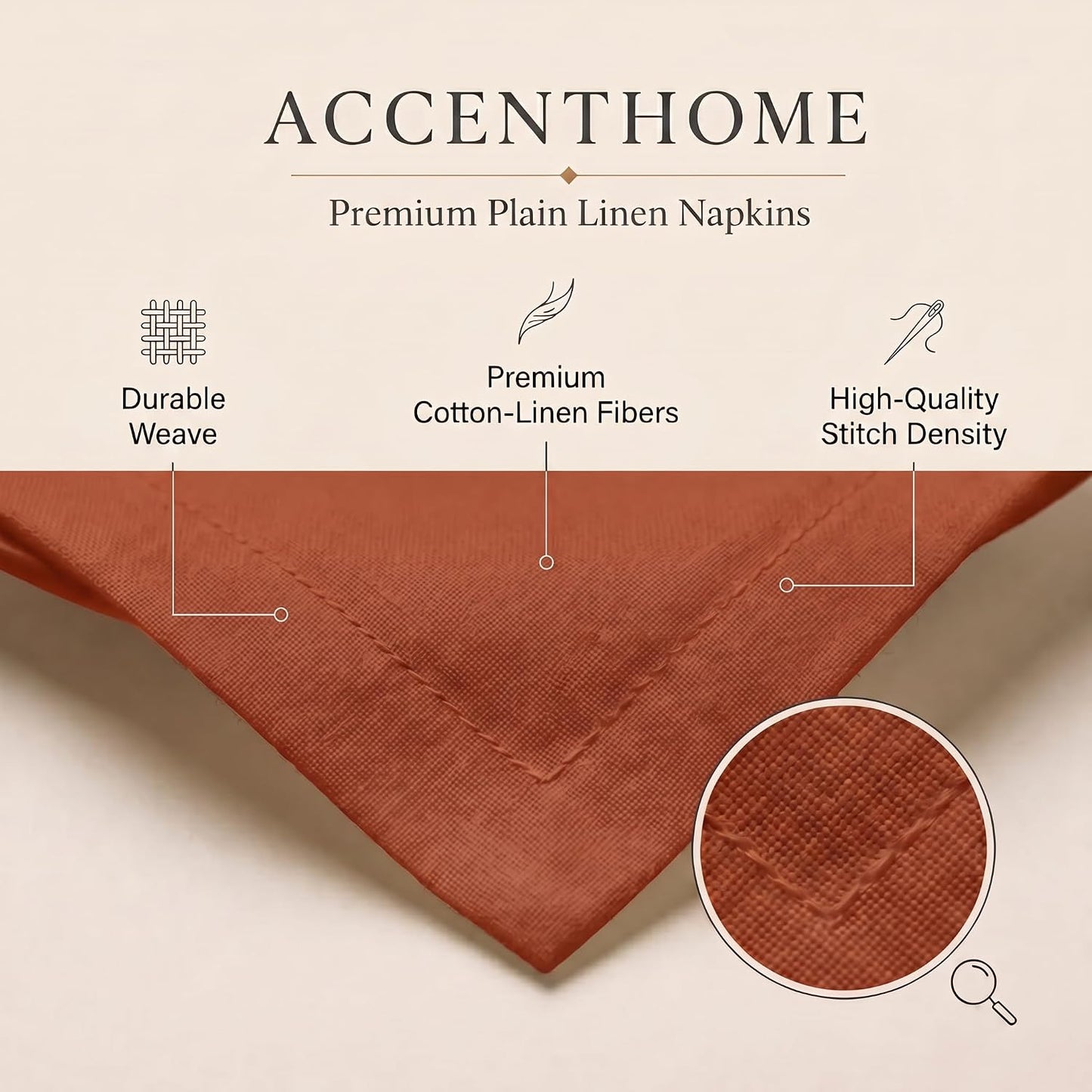 ACCENTHOME Rust Cotton Linen Napkin Set of 12 18x18 inch Dinner Napkins | Cotton Linen Blend Napkins, Machine Wash On