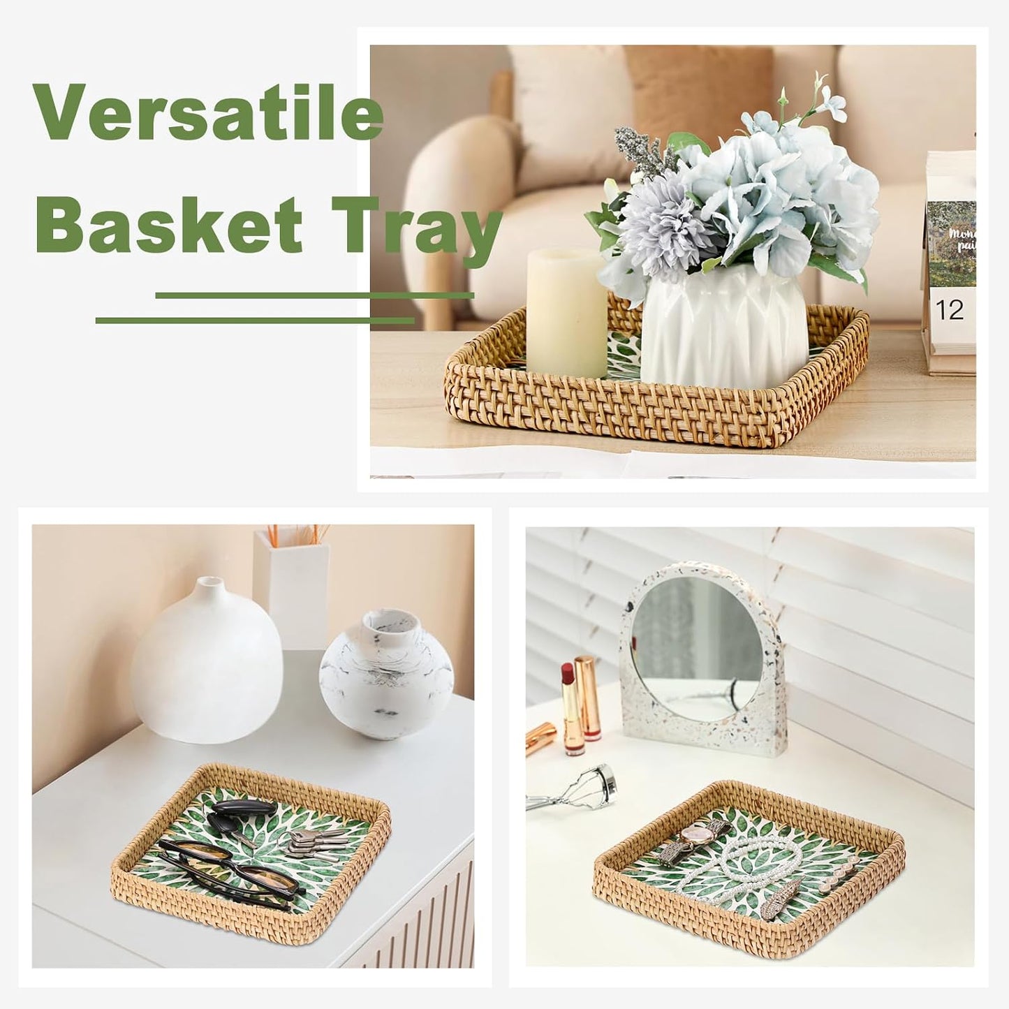 Woven Key Basket for Entryway Table Wicker Basket Tray Key Holder / 8.3 x 8.3 x 1.6 / Green