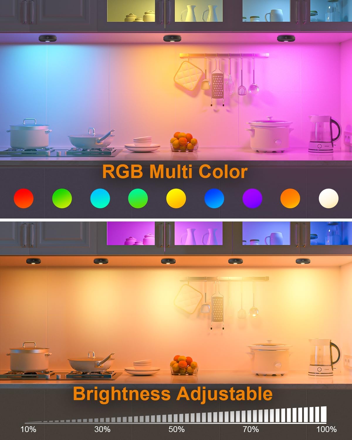 WILLED Under Cabinet Lighting Wireless,RGB Rechargeable Puck Lights with Remote Control,Battery Touch Tap Light with