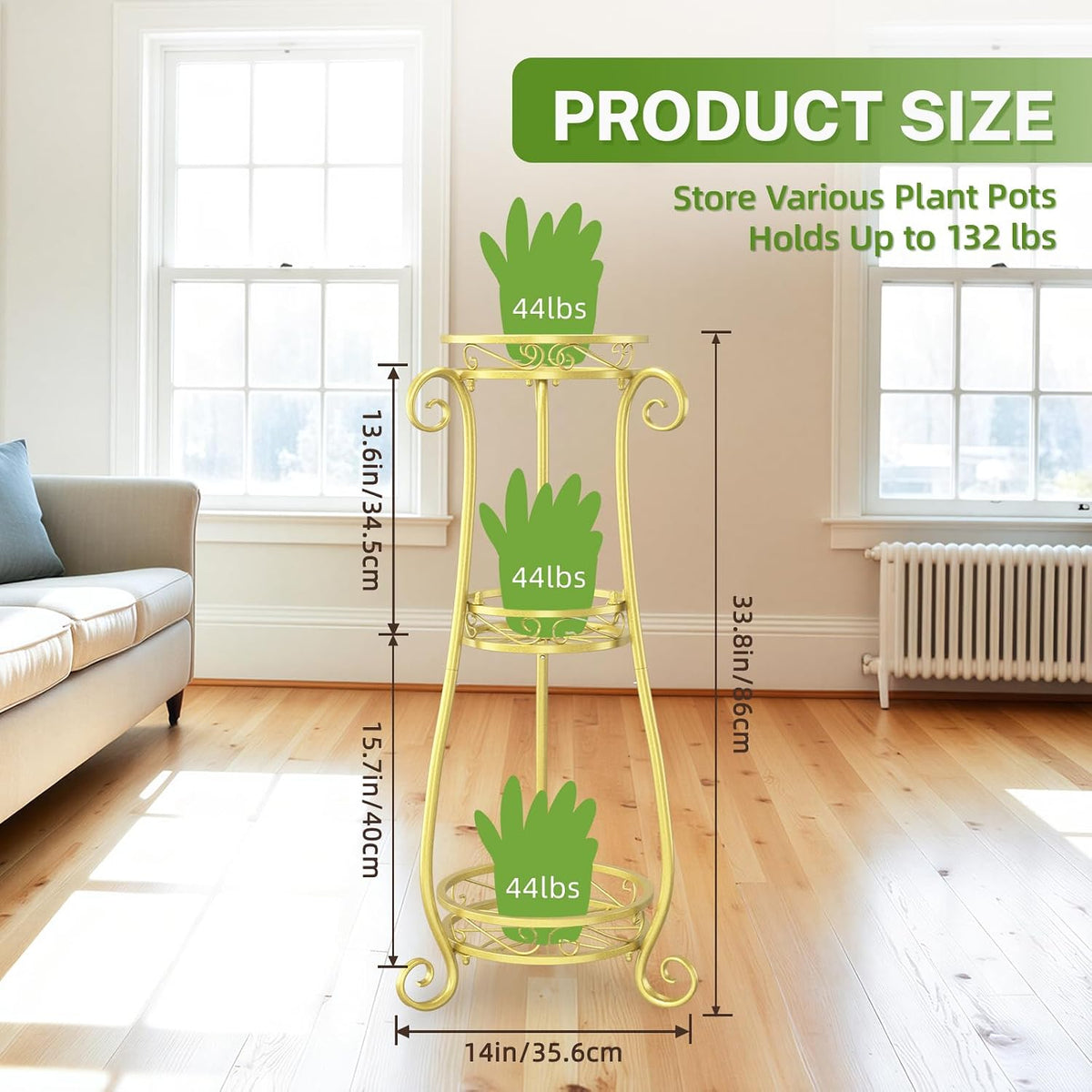 iDavosic.ly 3 Tier Tall Metal Plant Stand Outdoor Indoor, 34 Inch, Gold | Corner Flower Pot Holder Shelf, Wrought Iron