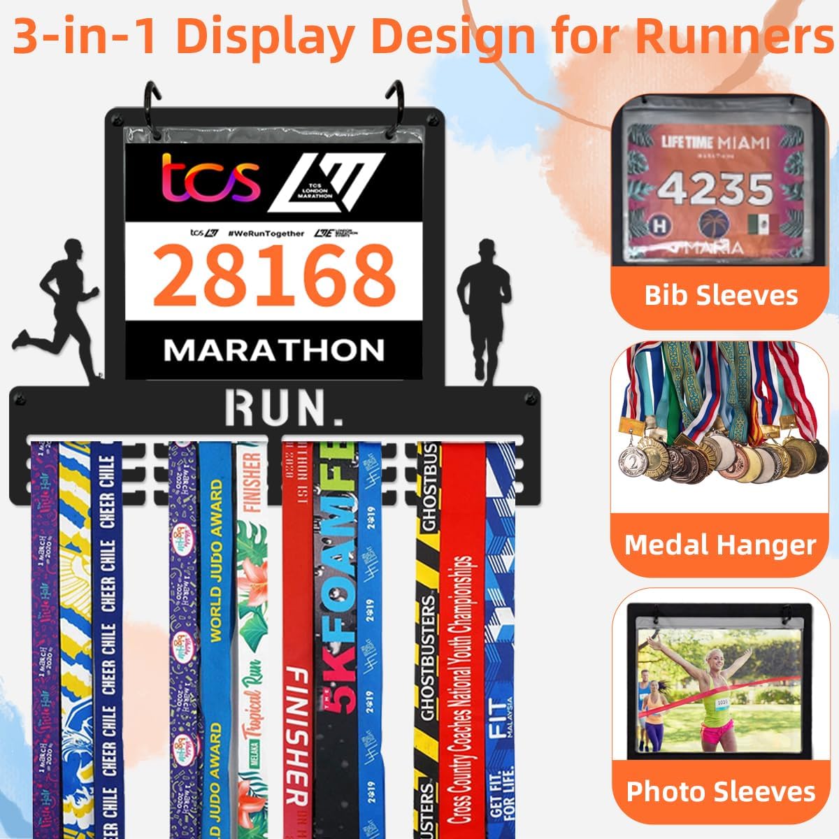 Race Bib & Medal Display Holds 45+ Medals 100 Bibs | 16" Metal Marathon Running Race Medal Hanger Display, 12 Bib