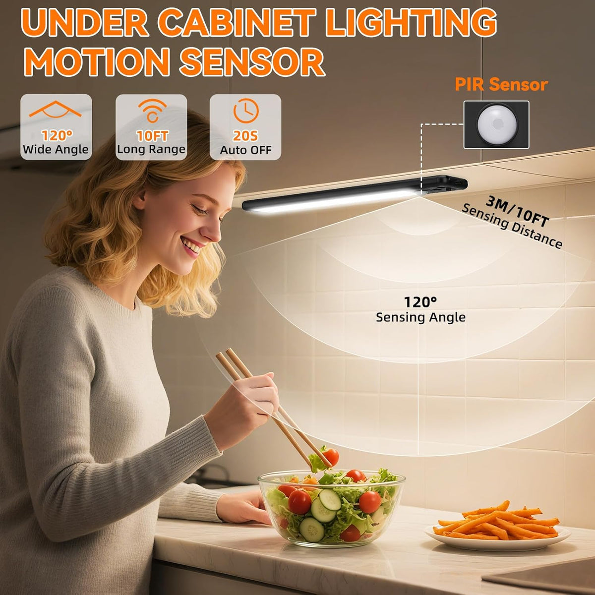 Under Cabinet Lighting Wireless, 10inch Motion Sensor Light, 3Pack-Black | Rechargeable, 3 Color Temps, Dimmable, Power