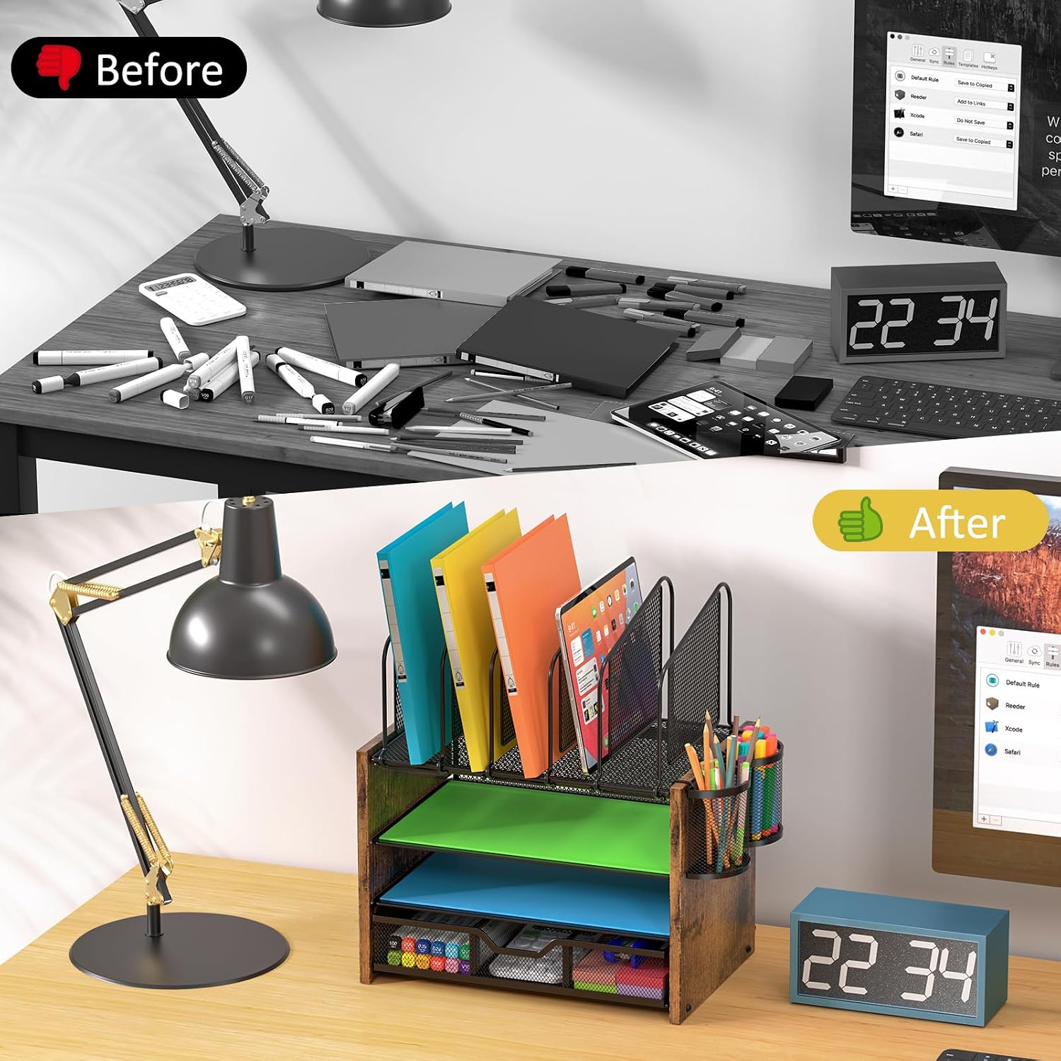 DAOUTIME 4-Tier Mesh Desk Organizer, Wooden Desk File Organizer with 5 Vertical File Holders and 2 Pen Holders, Desktop