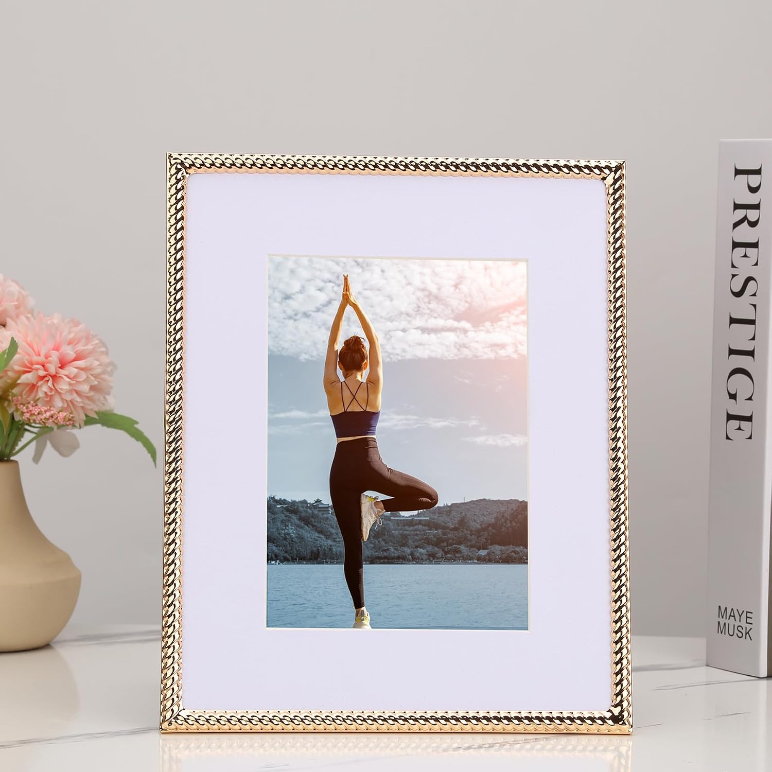 8x10'' Gold Rope Design Metal Picture Frames With Acid Free Mat for 5x7'' 2 Pack, Gold Photo Frame 7x5'' for Desktop