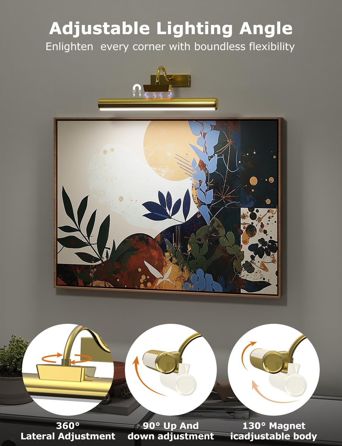 13" Wireless Picture Lights for Wall, Rechargeable Art Light, 1Pack Gold | Aluminum Photo Frame Light, Remote & Touch