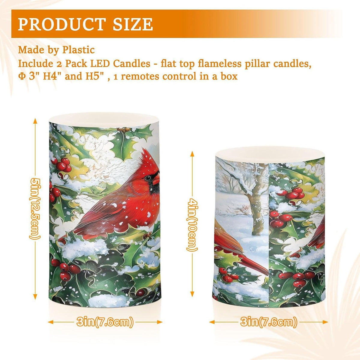 Flickering Flameless Candles, Red Cardinals Holly Christmas LED Candles with Remote Timer, Set of 2 Battery Operated