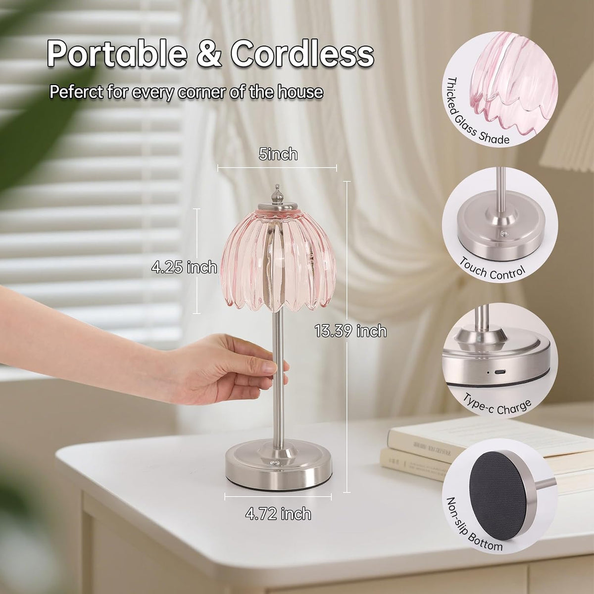 Shenmoyl Tulip Table Lamp with 5200mAh Battery & Touch Control, Cordless Small Table Lamp with 3 Colors, Dimmable